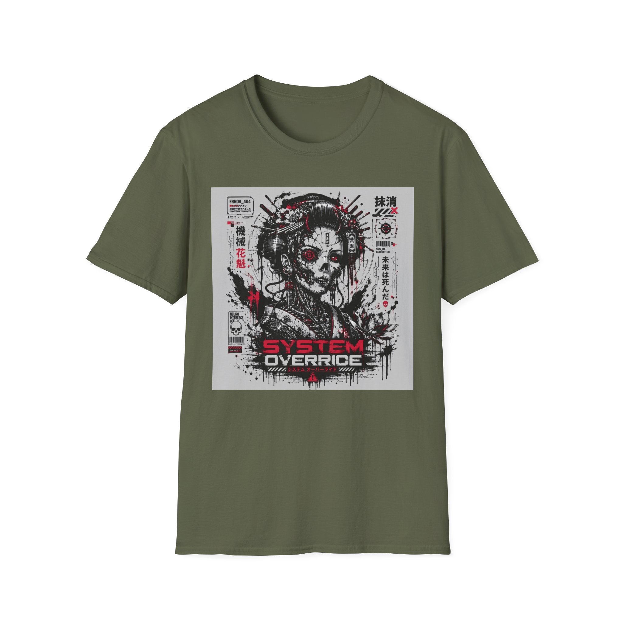 Glitched geisha cyborg in red and black T-Shirt
