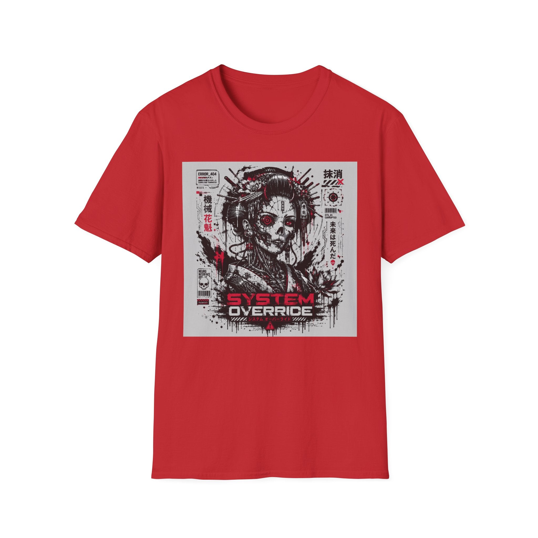 Glitched geisha cyborg in red and black T-Shirt