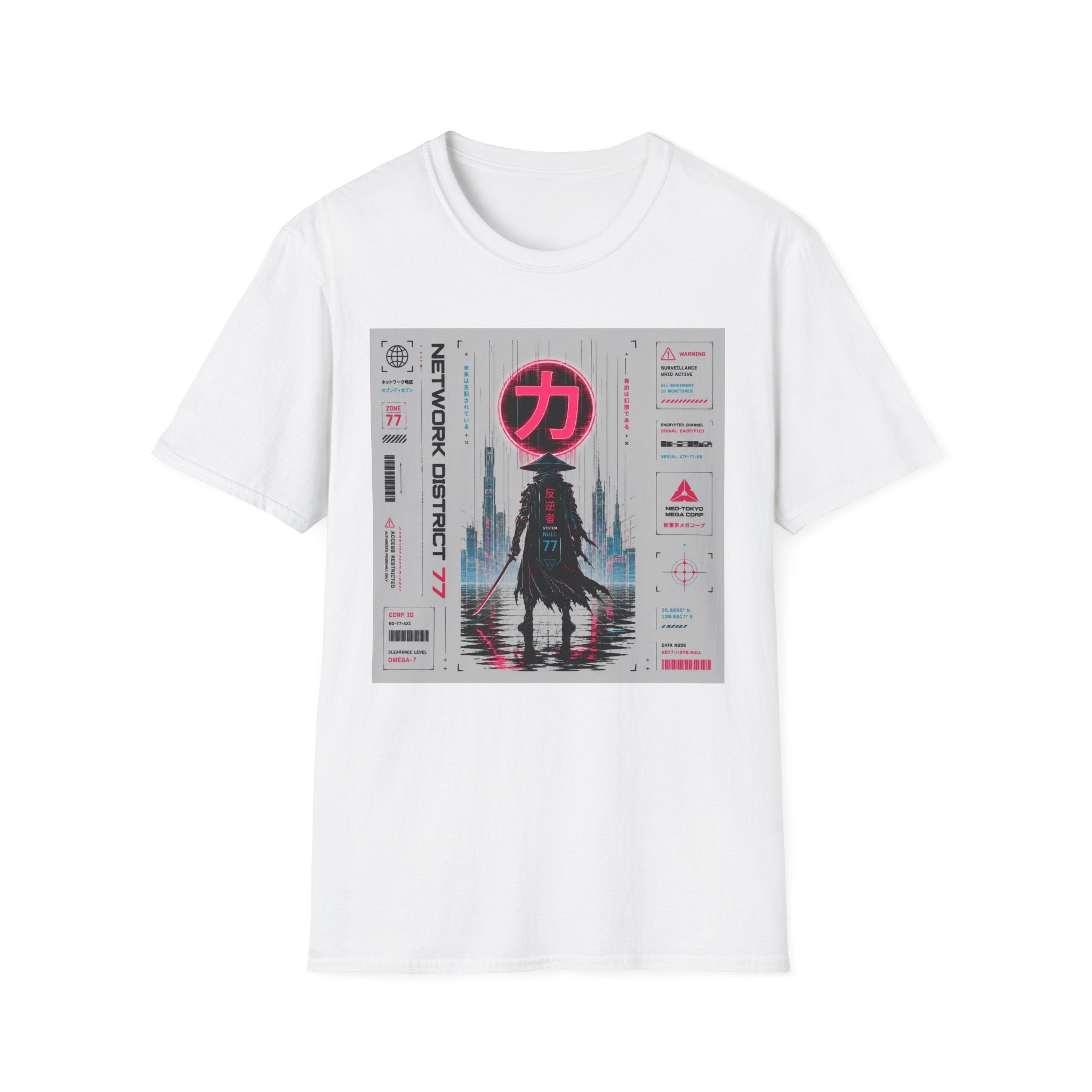 Cyber-samurai in neon-lit cityscape T-Shirt