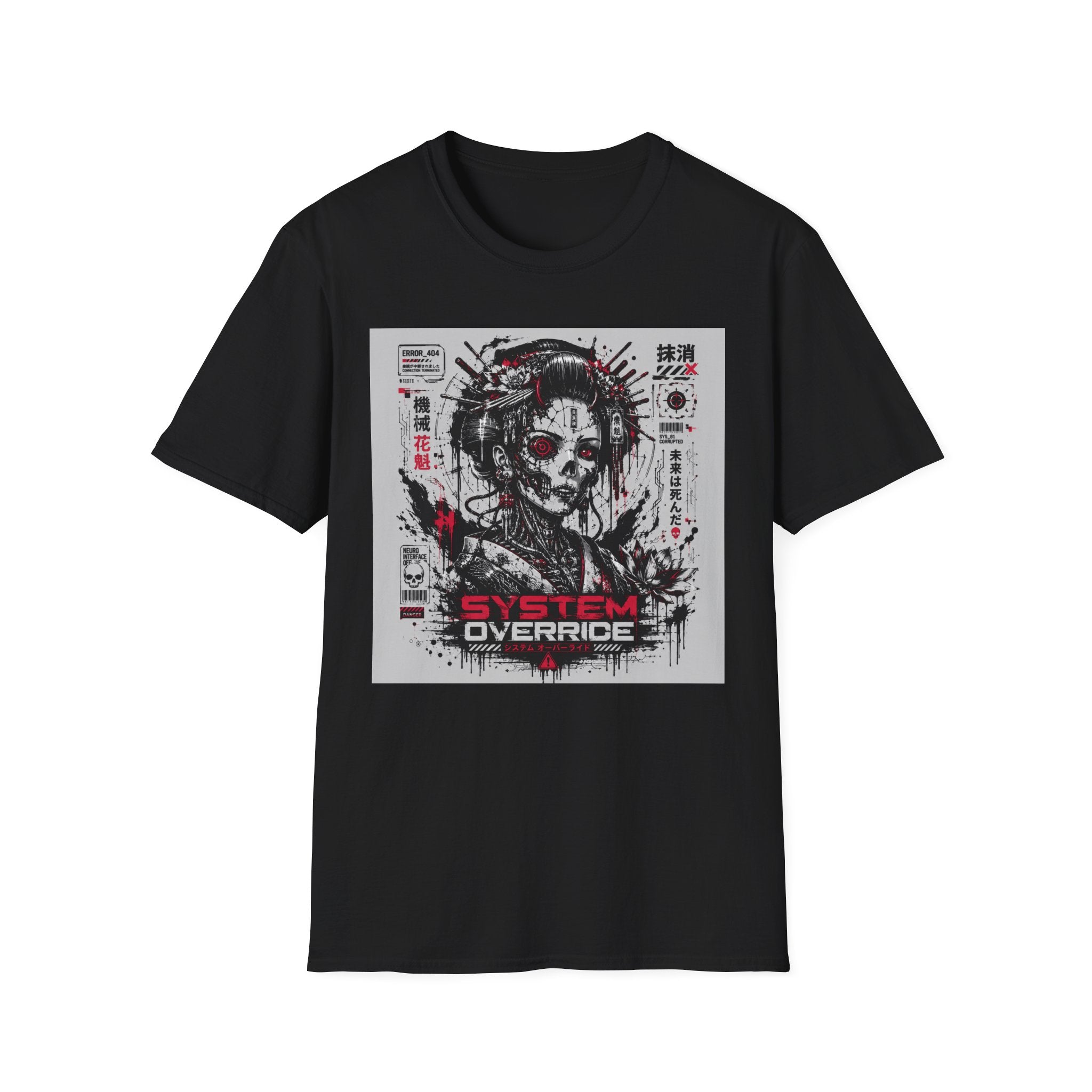 Glitched geisha cyborg in red and black T-Shirt