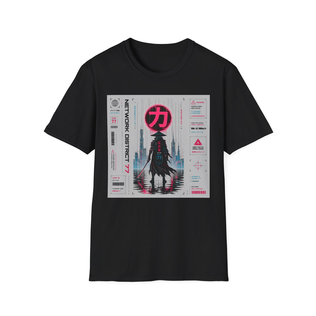 Cyber-samurai in neon-lit cityscape T-Shirt