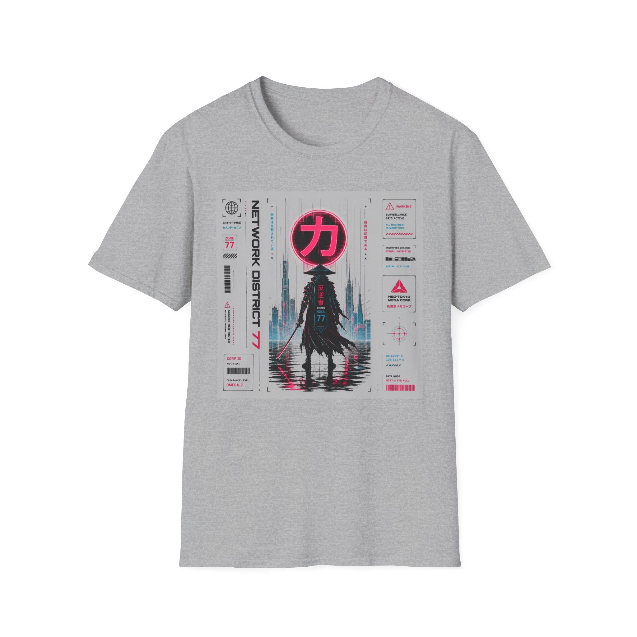 Cyber-samurai in neon-lit cityscape T-Shirt