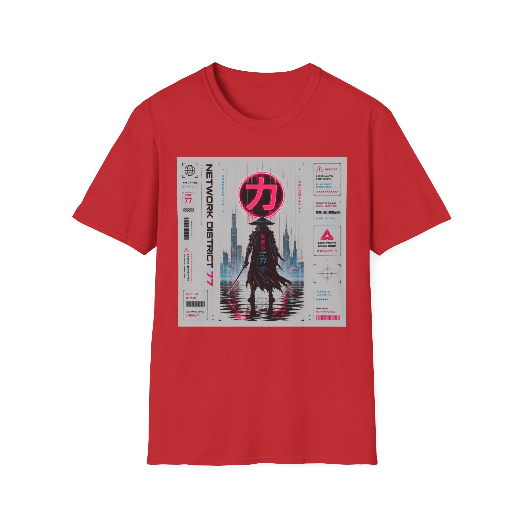 Cyber-samurai in neon-lit cityscape T-Shirt