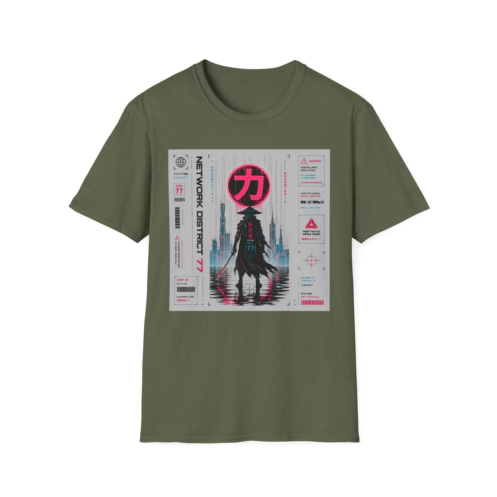 Cyber-samurai in neon-lit cityscape T-Shirt