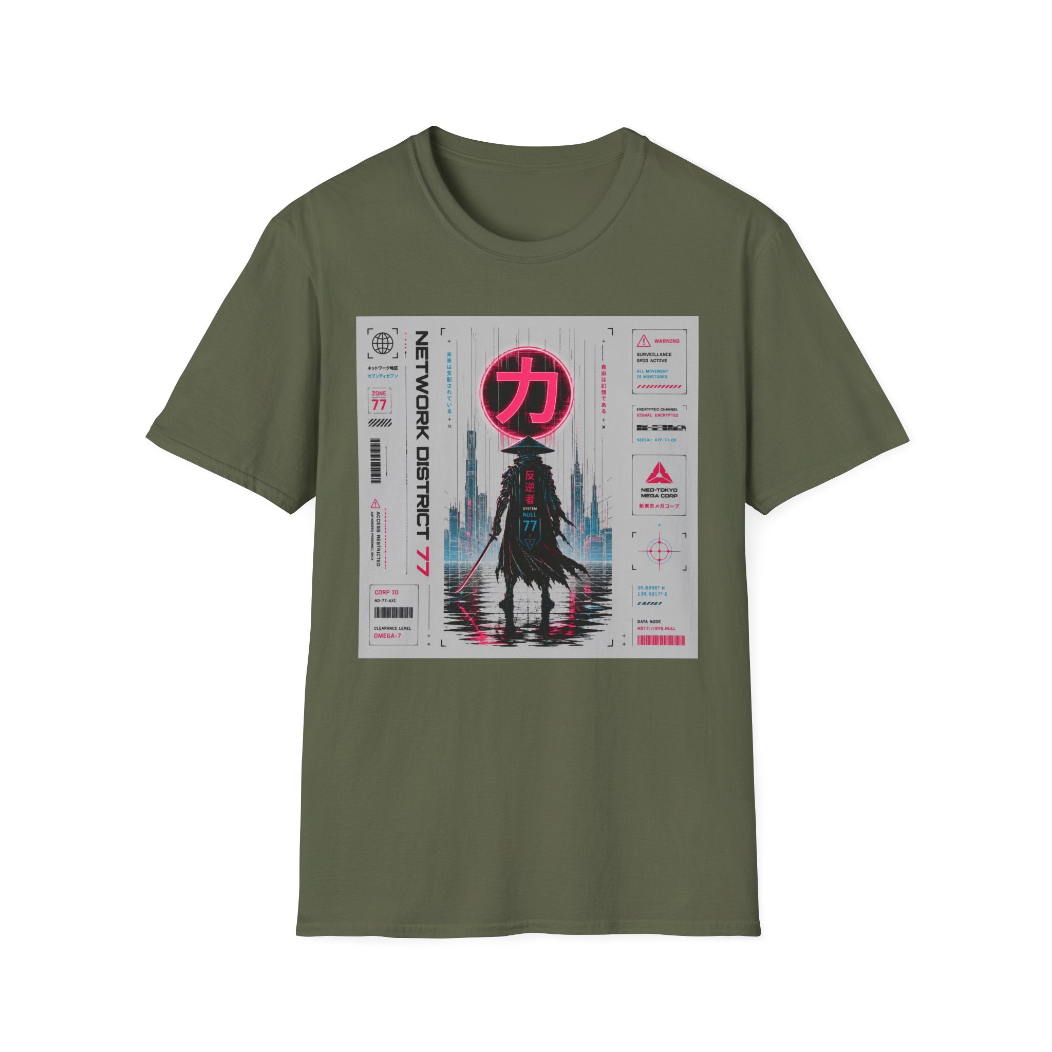 Cyber-samurai in neon-lit cityscape T-Shirt