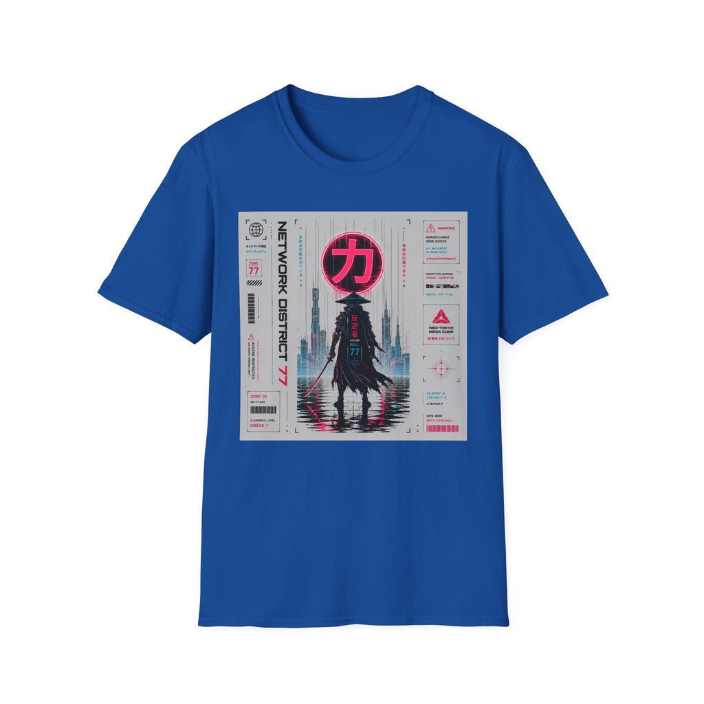 Cyber-samurai in neon-lit cityscape T-Shirt