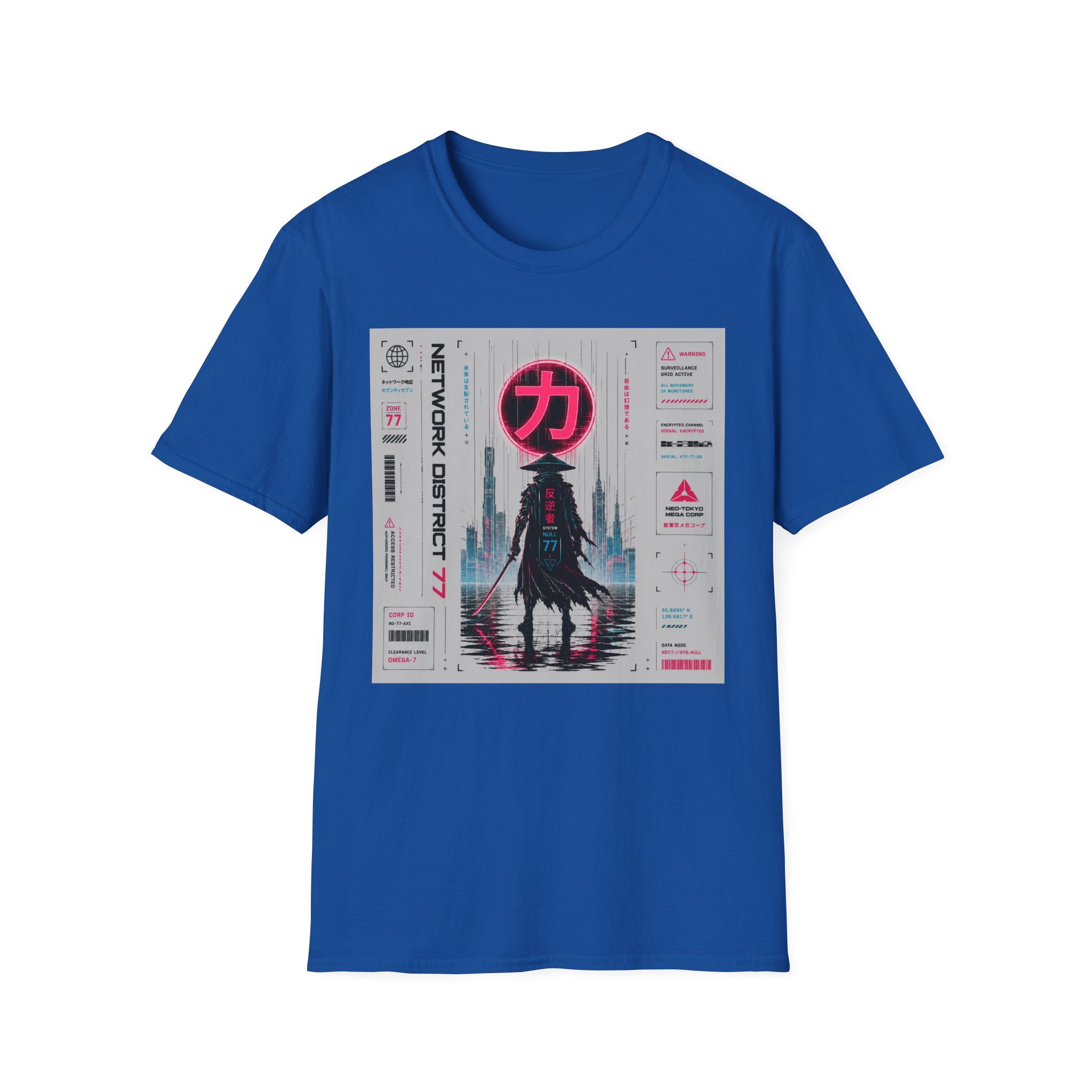 Cyber-samurai in neon-lit cityscape T-Shirt